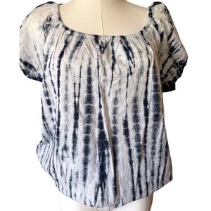 TuffHewl Womens Blue White Tie Dye Eyelet Smocked Hem Blouse Top Small